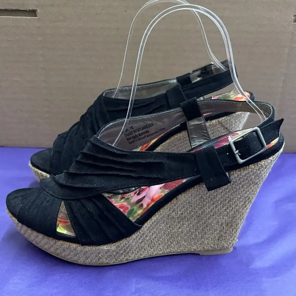 Maurices Janessa Black Tan Woven Wedge Sandals Size 10 Women's Spring Resort